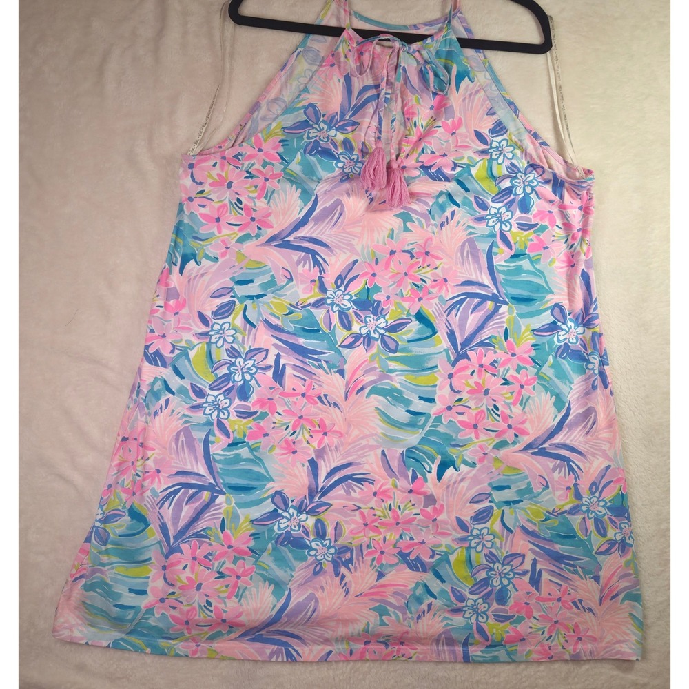 Lilly Pulitzer Halter Dress Womens XXL Pink Floral Good Pima Cotton Tassel Tie - Picture 6 of 10